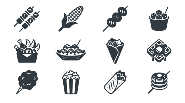 Premium flat minimal vector icon set of 12 street food items in single color style: grilled skewers, corn on stick, sausage skewer, meatball cup, fried snacks, takoyaki, crepes, waffle, cotton candy