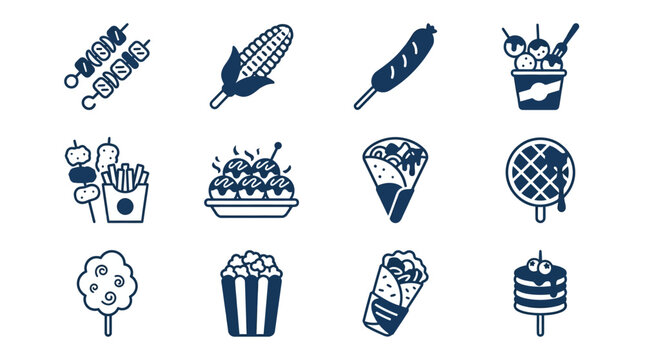 Premium flat minimal vector icon set of 12 street food items in single color style: grilled skewers, corn on stick, sausage skewer, meatball cup, fried snacks, takoyaki, crepes, waffle, cotton candy
