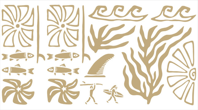 Golden surf and ocean design elements vector set with waves, seaweed, and fish