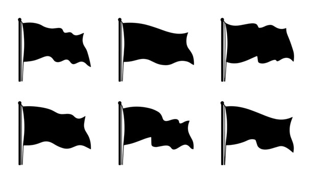 Six Black Waving Flags Vector Icons, Silhouette Flags on Poles, Simple Minimalist Design for Protest, Surrender, or Announcement Graphics
