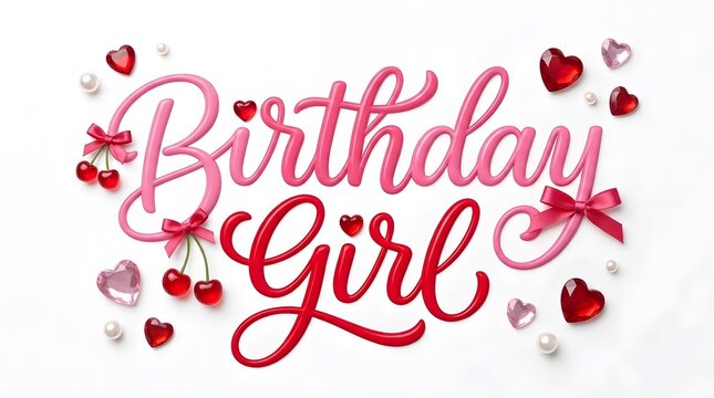 Birthday girl lettering with hearts and pearls pink and red design