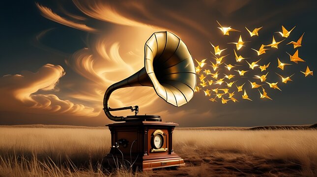 vintage gramophone on sunset background