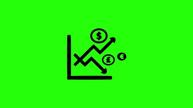 Premium 4K video showcasing conflicting up and down financial trend arrows with global money symbols silhouette bouncing. Clean banking asset.