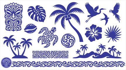 Polynesian tribal vector silhouettes set with tiki mask sea turtle palm trees hibiscus flower exotic birds and tropical patterns on white © Pronob Kumar Ray