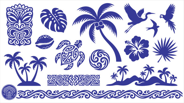 Polynesian tribal vector silhouettes set with tiki mask sea turtle palm trees hibiscus flower exotic birds and tropical patterns on white