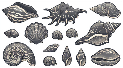 Vintage monochrome seashell vector collection with diverse clam, conch, and spiral sea shell illustrations © Pronob Kumar Ray