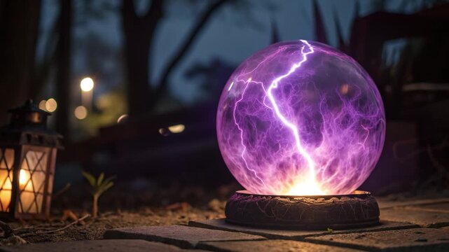 Mystical glowing orb with lightning effects in dark forest setting with subtle bokeh during night