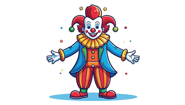 Jester in colorful outfit standing.