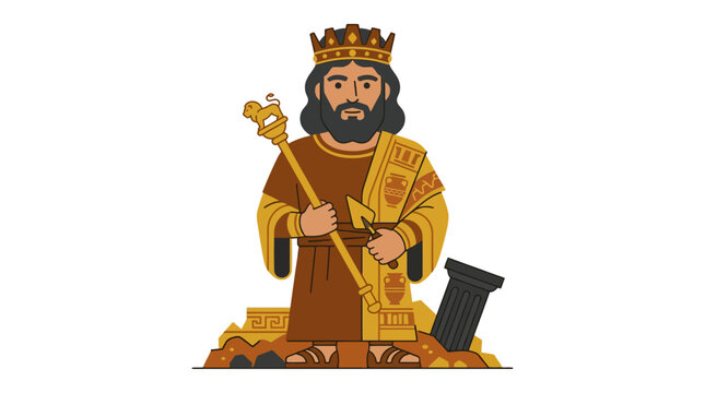Medieval King Holding Scepter and Sword, Cartoon Style