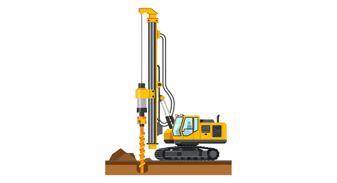 Rotary Drilling Rig and Piling Machine for Foundation Construction, Heavy Equipment Vector Illustration for Civil Engineering and Industrial Design