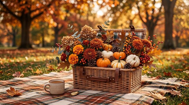 Autumn Harvest Picnic Basket Filled with Pumpkins and Flowers on a Blanket.