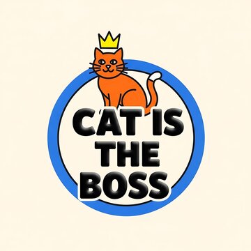 Cartoon cat wearing crown boss hat graphic.