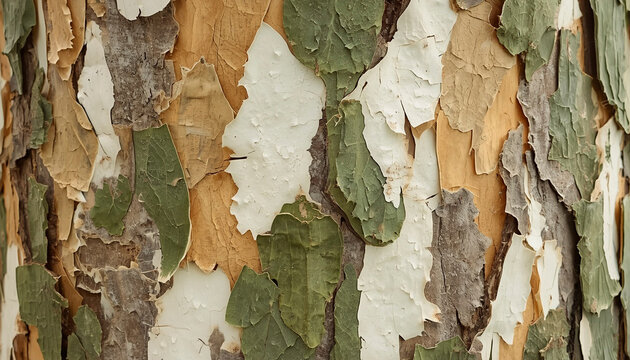 Mosaic bark texture of plane sycamore tree close up