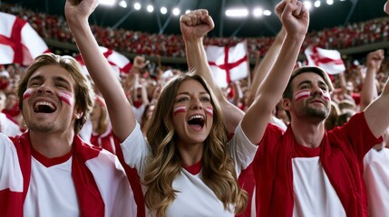 Fototapeta premium English fans in stadium with face paint and st george's flags, cheering energetically during a lively soccer championship match
