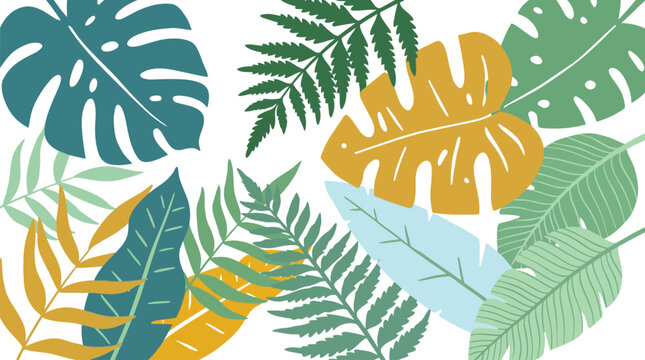 Tropical leaves vector illustration background with monstera, fern, and palm fronds in modern colors