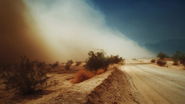 A dust storm moves across a dry desert road while bushes and sandy ground remain visible. The strong winds create a thick cloud of dust in the air