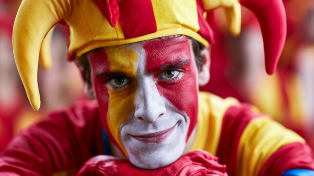Excited fan with face painted red and yellow, wearing jester hat, showing enthusiasm and national pride
