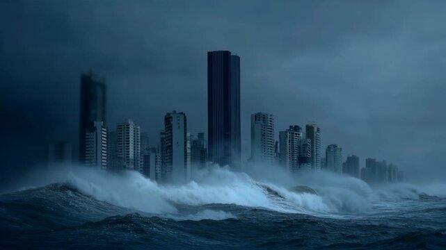 Waves hit the city skyline as a storm rolls in at night. The buildings stand tall against the dark sky while water surges around them. This moment shows nature's power