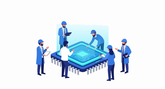 Isometric Illustration of Engineers and Scientists Working on a Large Computer Microchip, Semiconductor Research and Development Concept