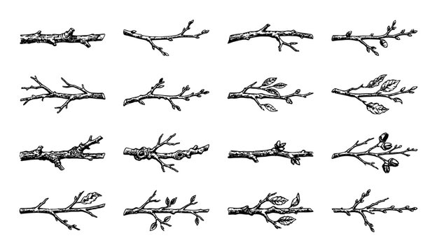 Tree branches featuring detailed hand drawn sketches for natural botanical forest graphic design projects