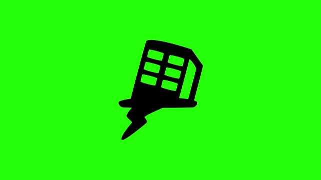 High quality 4K motion asset featuring a modern urban building collapsing from a ground lightning crack silhouette bouncing. Creative hazard icon.