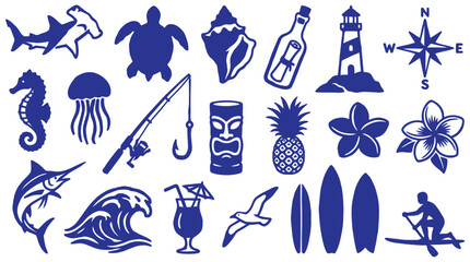Blue nautical and tropical beach vector icons set with marine animals, surfboards, lighthouse, and tiki elements © Pronob Kumar Ray
