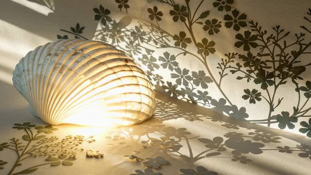 Seashell illuminated with warm light casting floral shadows on textured wallpaper during intimate dusk