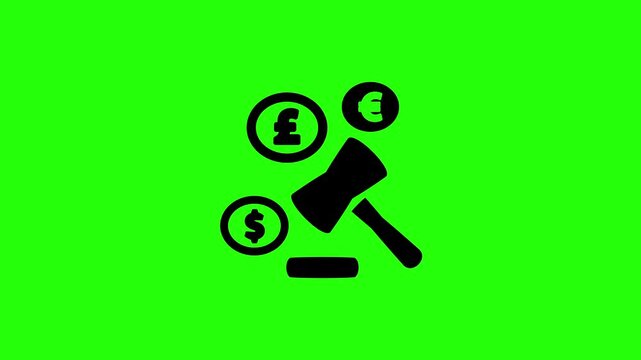 4K video asset capturing a legal judge justice hammer gavel surrounded by falling global currency coins silhouette bouncing. Clean court law icon.