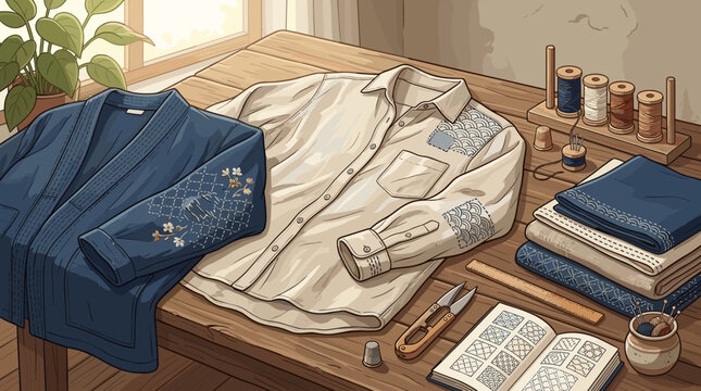 Handcrafted Japanese sashiko embroidery on vintage shirts and fabrics, featuring sewing tools, thread spools, and stitching patterns on a wooden table. Artistic craft hobby concept.