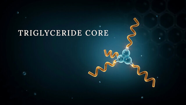 Triglyceride molecular structure with fatty acid chains and glycerol core  biological molecule model