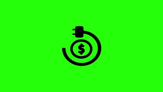 4K horizontal layout featuring an electrical wire power plug wrapping a dollar currency coin silhouette bouncing fluidly. Tactical popup utility finance icon.