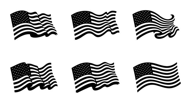 Waving American Flag Vector Icons, USA Patriotism Symbols, Independence Day Graphics, Black and White United States Banners, Set of 6