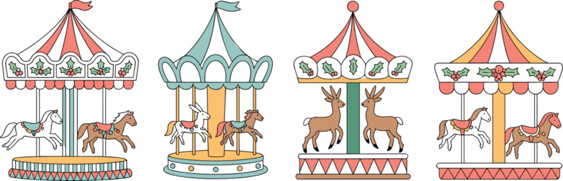 A collection of four vintage style carousel rides featuring horses and deer, decorated with holly leaves, isolated on a white background