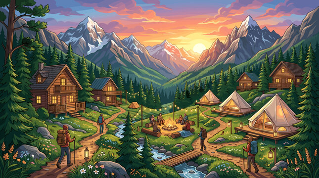 A scenic illustration of a mountain valley with cozy cabins, glamping tents, hikers, and a glowing campfire at sunset. Perfect for adventure travel, camping, and nature lifestyle concepts.