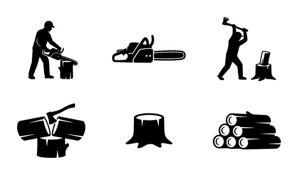 Woodcutting Icons Set, Lumberjack and Chainsaw Vector Graphics, Forest Industry Symbols, Timber Logging and Firewood Elements