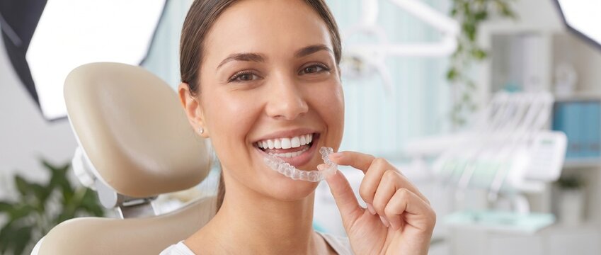 Portrait d'une belle jeune femme souriante tenant une goutti&egrave;re dentaire transparente dans une clinique. Soins d'orthodontie pour des dents parfaites