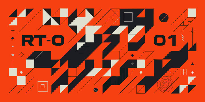Geometric pattern with bold typography on a bright orange background
