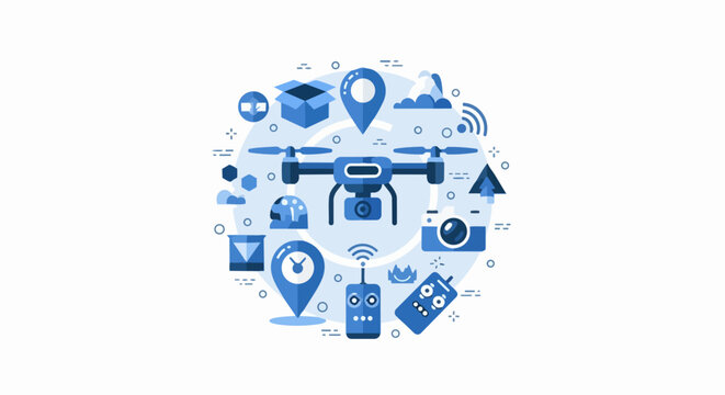 Drone Technology and Logistics Flat Vector Illustration with Quadcopter, Delivery Box, Camera, and GPS Location Icons in Blue Monochrome Style