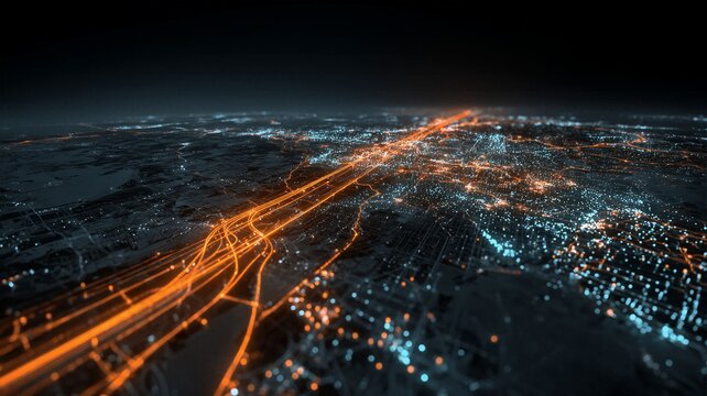 Aerial view of smart city network with glowing orange data highways for digital communication concept