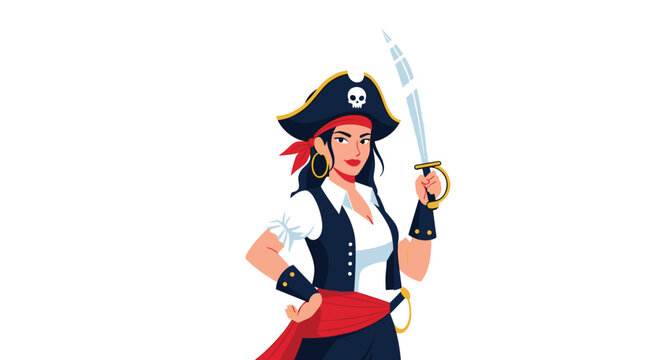 Brave female pirate captain stands tall wearing a tricorn hat and holding a sharp cutlass sword in a classic nautical adventure pose.