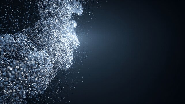 Futuristic abstract cluster of glowing white data particles forming a digital smoke cloud in dark space