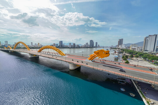 Aerial view of the Dragon Bridge along the city river Han embankment