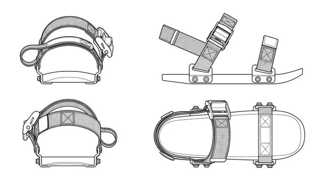 Pedal straps bicycle equipment technical drawing blueprint with front side back and side views CAD line art vector illustration