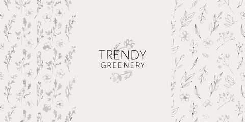 Obraz premium Hand drawn greenery and herb illustration with delicate botanical pattern on white background