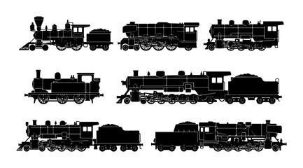 Vintage Steam Locomotive Silhouettes, Classic Train Collection, Retro Railroad Engines, Industrial Transport Vector Icons © Imran