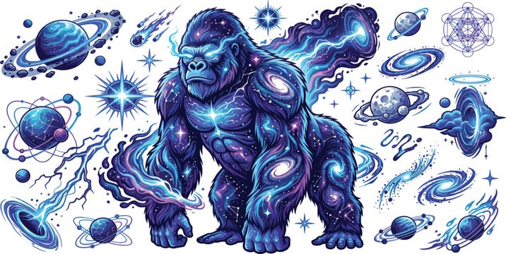 Cosmic gorilla vector design elements pack featuring celestial space monkey nebula textures planets stars black holes and galaxy background illustrations for graphic apparel.