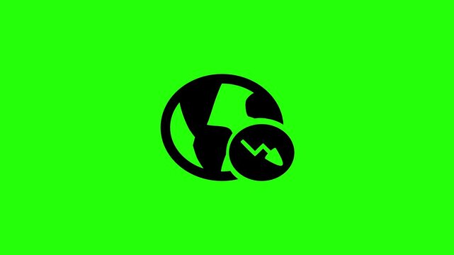Clean 4K horizontal video of an earth globe paired with a crashing downward business chart arrow silhouette bouncing. Universal global financial risk asset.