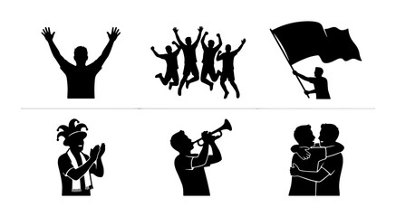 Celebration Silhouettes Collection: Cheering Crowd, Jumping Fans, Flag Waving, Trumpet Player, Hugging Couple, Festive Fanatic, Vector Icons for Sports, Events, and Success © Imran