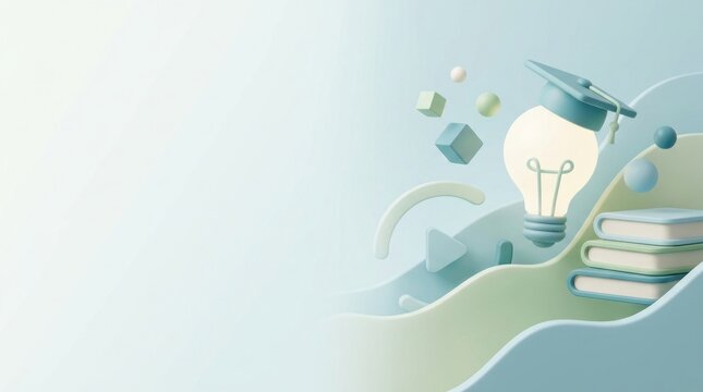 3d render of glowing lightbulb with graduation cap and stacked books for online learning education study success