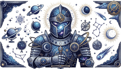 Mystical cosmic knight armor vector element set with celestial warrior, galaxy planets, starry constellations, moon phases, comets, and sacred astronomy geometry symbols. © Sukhi